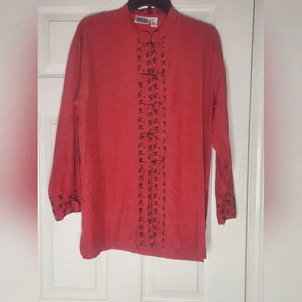 Chicos 1/M Red Kimono AsianPrint LngSlve 70% SILK 30% LINEN Women Blouse Shirt